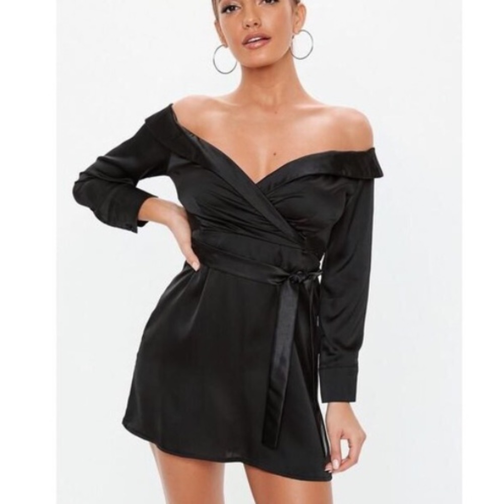 🎀NWT Missguided Satin Bardot Tie Dress in Black MISSING BELT Size 8
